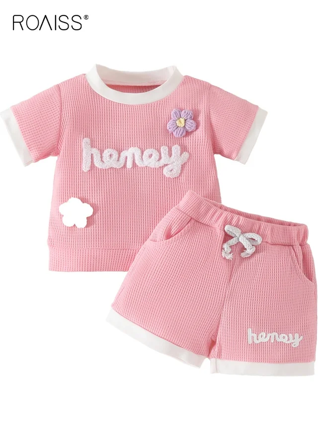 Roaiss Girls Summer 2-Piece Outfit Set, Short Sleeve T-Shirt and Drawstring Shorts, Casual Cotton Blend Clothing for Vacation and Daily Wear 0uhnm