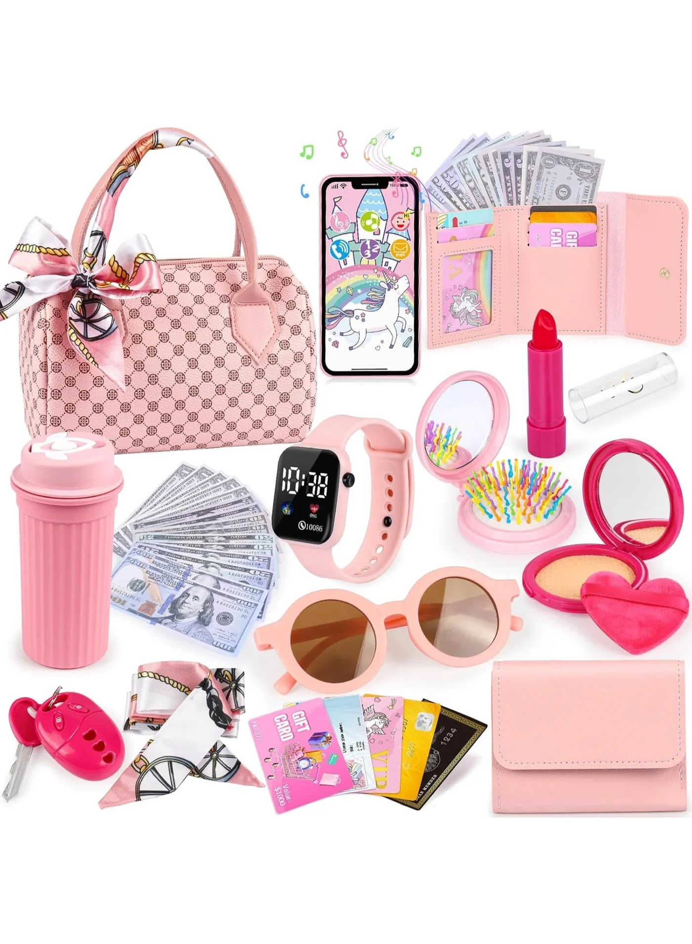 AM ANNA Pretend Play Purse Set for Kids, 32-Piece Princess Handbag with Toy Makeup and Accessories (32 Pieces) 9scjv