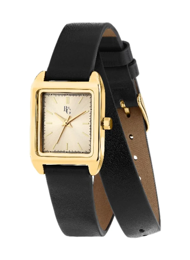 B&G Women's Rectangular Analog Watch with Black Leather Band (Gold, 22mm) 34ubw