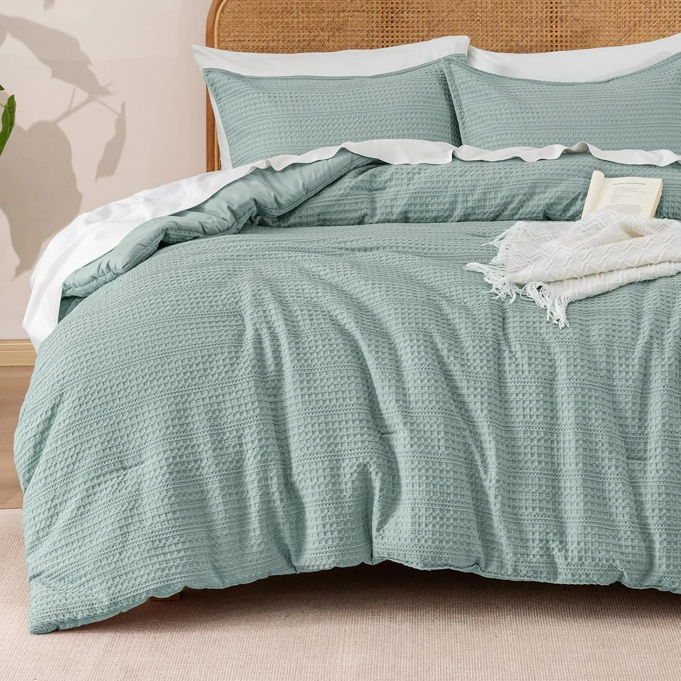 PHF Waffle Weave Comforter Set Premium Soft Breathable Textured Bedding for Twin Bed (Dusty Blue, 173 cm x 229 cm) x9ywx