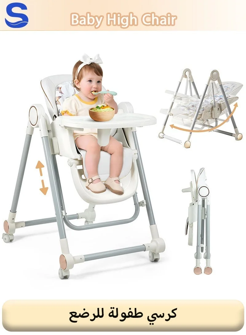 Serinovia 3-in-1 Baby High Chair with Wheels and Adjustable Tray, Multi-Functional Reclining Feeding and Learning Seat for Infants and Toddlers (Grey, 1 Unit) 6x6fj