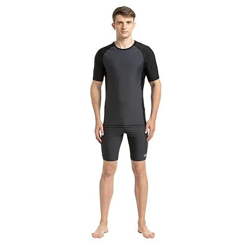 Premium Men's Short Sleeve Rash Guard Swim Shirt UV Protection (Grey, Large) uh71a