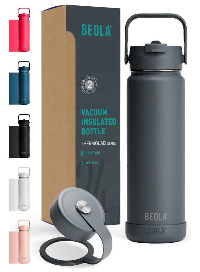BEOLA Insulated Water Bottle 18/8 Stainless Steel Double Wall Vacuum Thermos with Straw Lid (Lava Gray, 750 mL) gcn2z