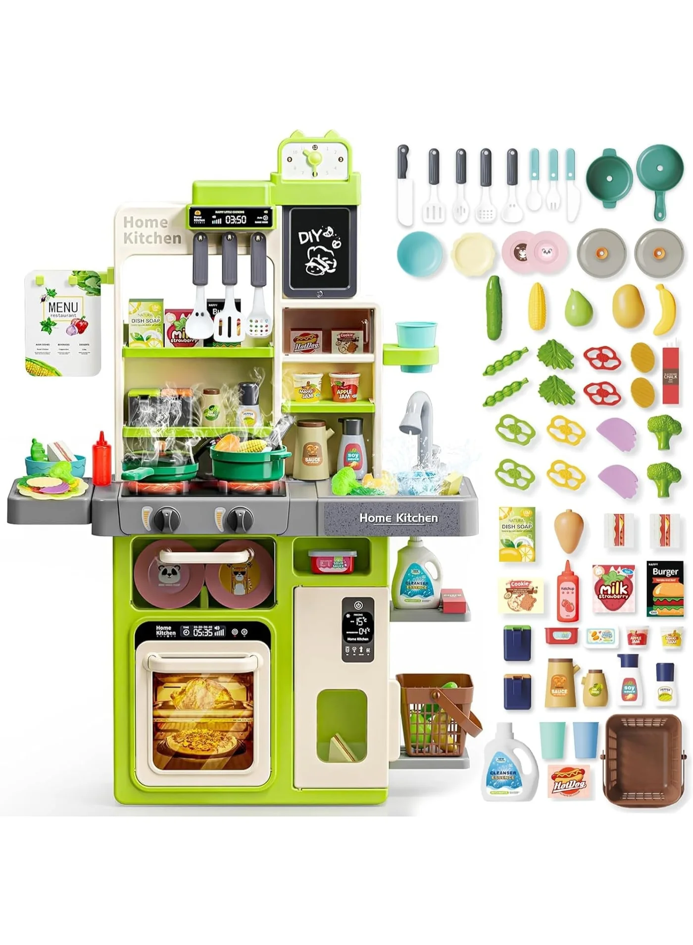 Eesyy Kids Kitchen Playset with Realistic Steam Sounds and Lights (63-Piece Set, Green) 08xmt