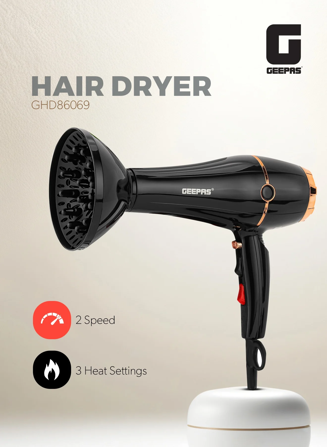 GEEPAS Professional Hair Dryer 2200W High Speed Ionic Blow Dryer with Cool Shot Function (Includes Nozzle and Diffuser) 6afa7