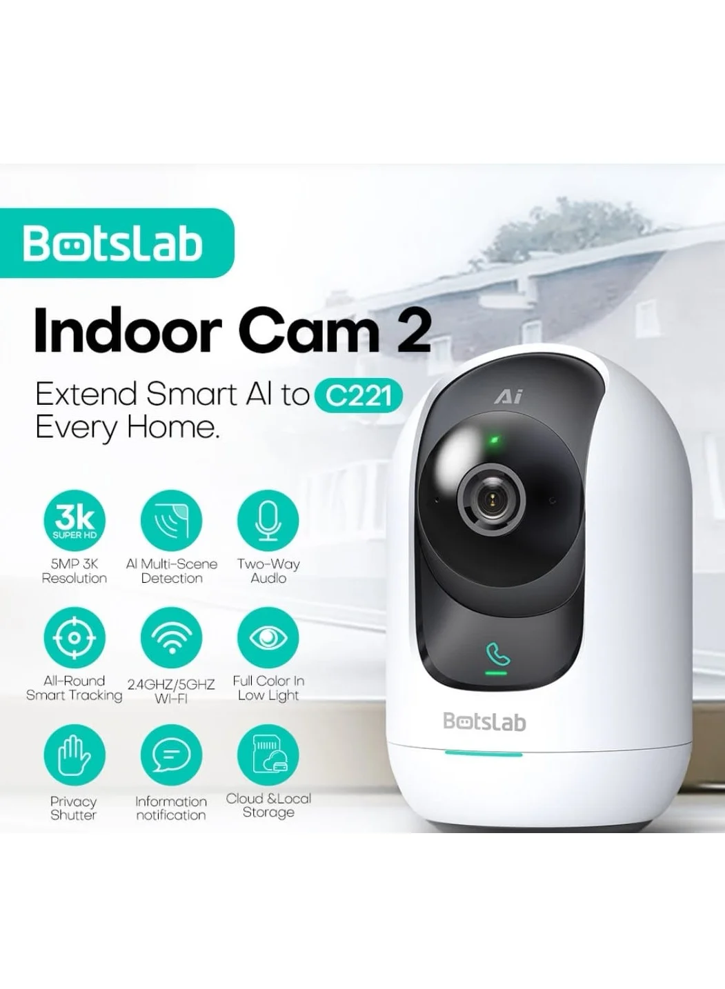 Botslab Smart Indoor Security Camera 5MP Pan Tilt Zoom AI Motion Detection (White, 1 Unit) nher2