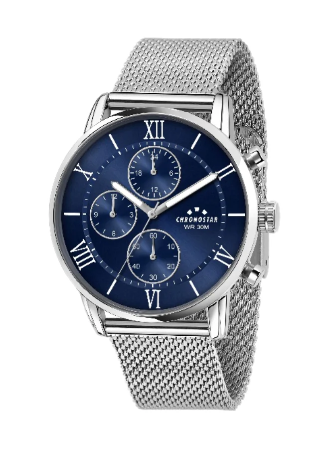 Chronostar Men's Analog Watch Round Blue Dial with Silver Stainless Steel Band (43mm) t0fgt
