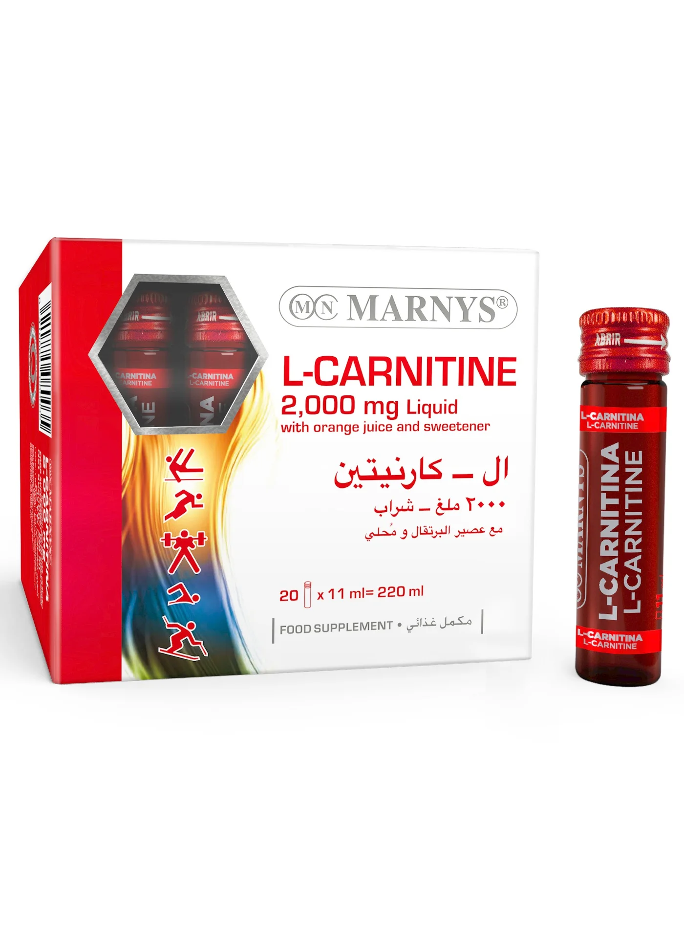 Marnys L-Carnitine 2000 mg Liquid Supplement for Physical Performance and Metabolism Support (Orange Flavor, 20 x 10 mL Vials) u13ci