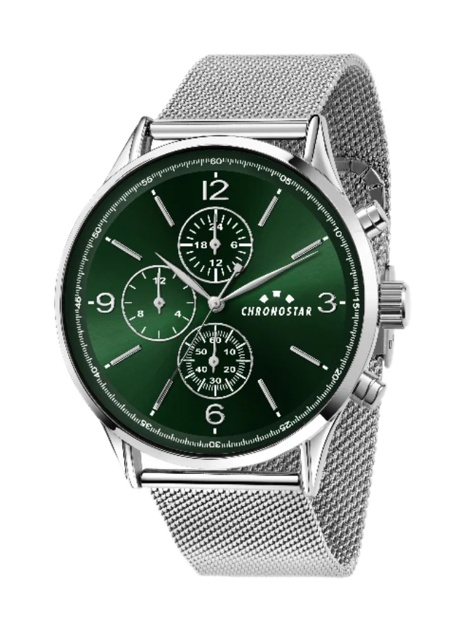 Chronostar Men's Analog Watch Round Green Dial with Silver Stainless Steel Band (44mm) spmfl