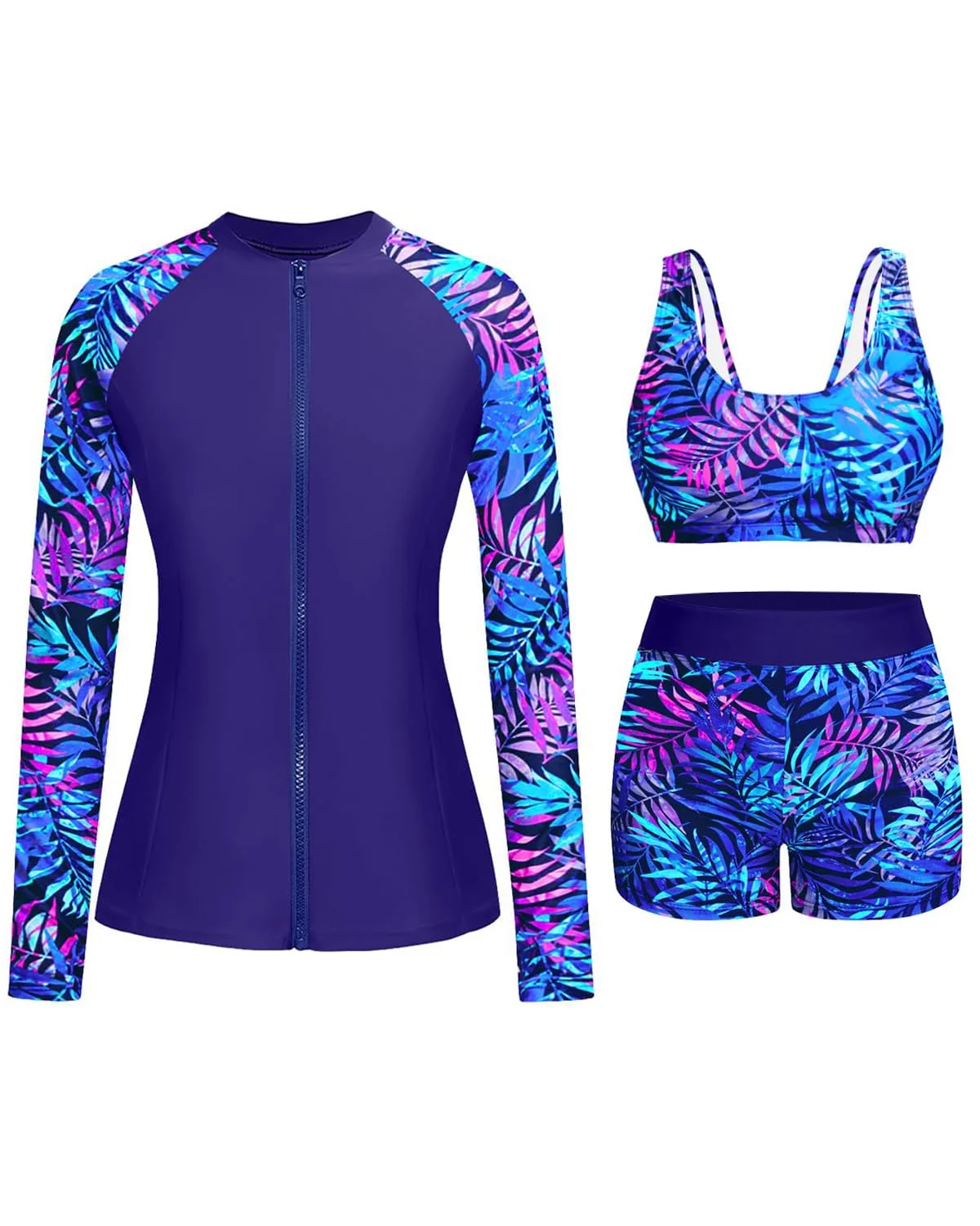 Premium Long Sleeve Rash Guard Swimsuit Set for Women - 3 Piece Floral Print Swimwear with Zipper and Built-in Bra (Blue, XL) 3j1f5