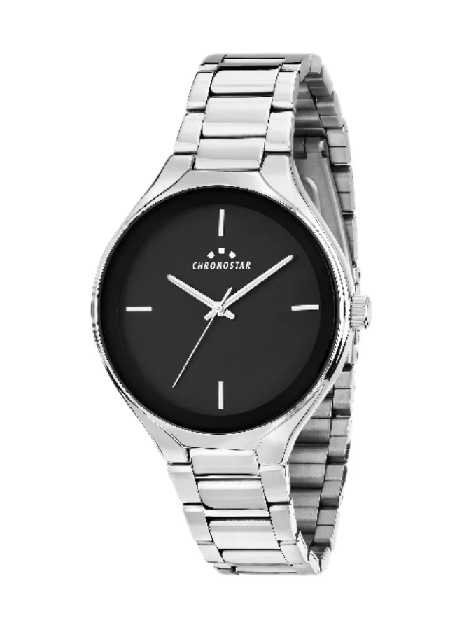 Chronostar Men's Analog Watch Round Black Dial with Silver Stainless Steel Band (38mm) f8q6e