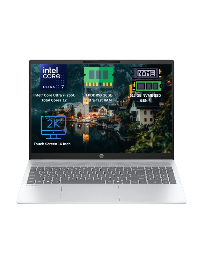 Premium 16-inch Touchscreen Laptop, Intel Core Ultra 7, 16GB RAM, 512GB SSD, 2K Display, Windows 11 Home, English/Arabic Keyboard (Glacier Silver) pamvn