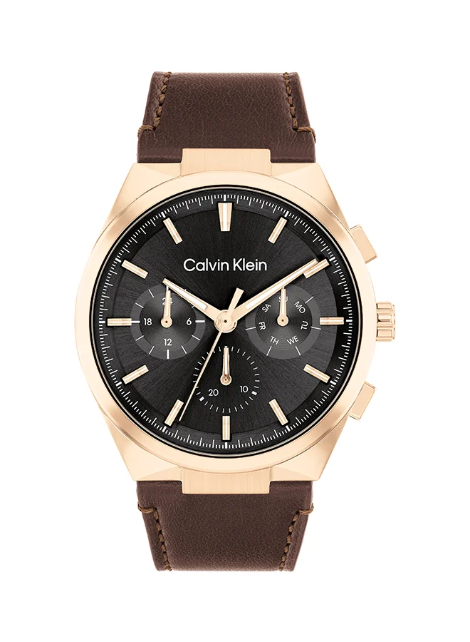 Premium Round Analog Men's Watch with Black Case and Leather Strap (Black, One Size) mo0f7