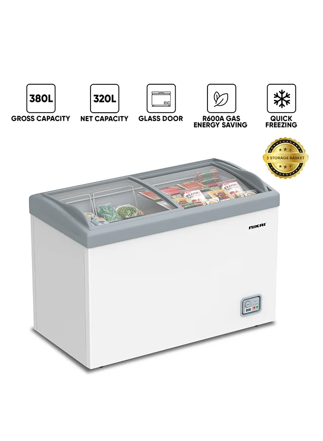 Nikai Double Door Glass Chest Freezer with Storage Basket (White, 380 L) txpz0