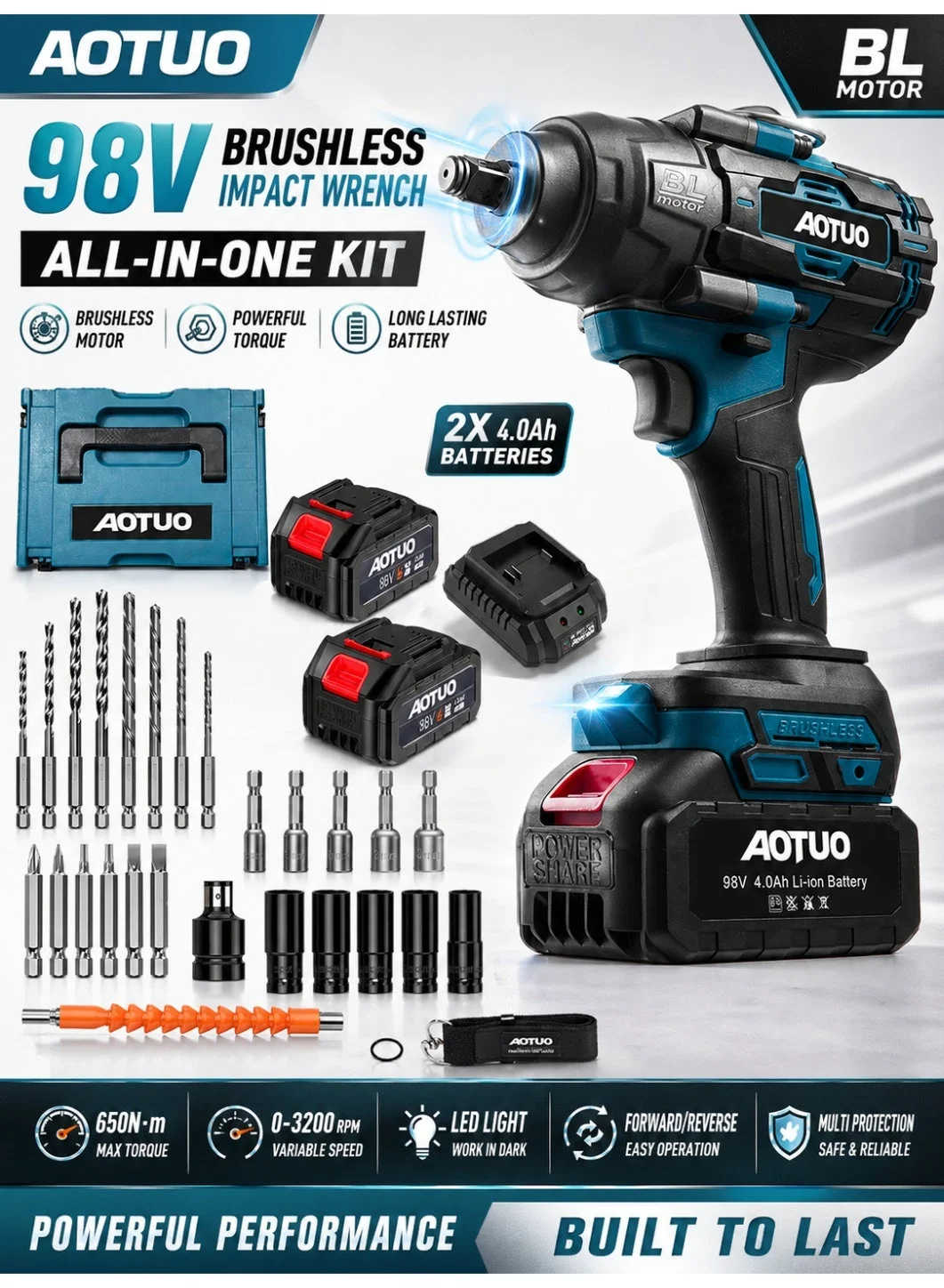 AOTUO Brushless Impact Wrench Set, High Torque Power Tool with Dual 4.0Ah Batteries (98V, 2-Pack) hth9o