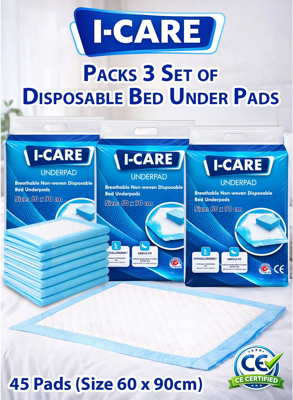 I-CARE Disposable Underpads Leak-Proof Bed Mattress Protector (60x90 cm, 45 Pcs) 9s085