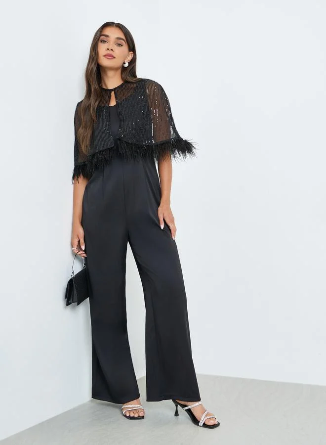 Styli Wide Leg Jumpsuit with Sequined Cape Elegant Evening Wear for Women (Black, Medium) hzmmq