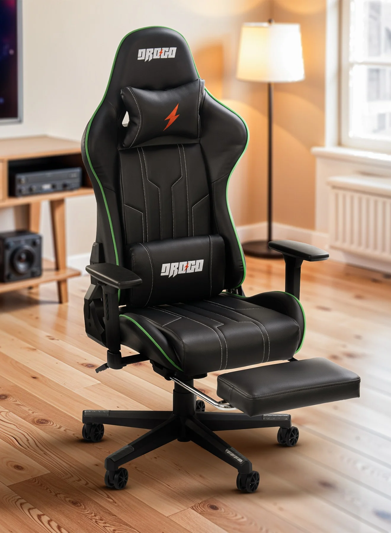 DROGO Ergonomic Gaming Chair with Footrest and Recline, Premium PU Leather Computer Chair for Home and Office (Black and Green) i3rto