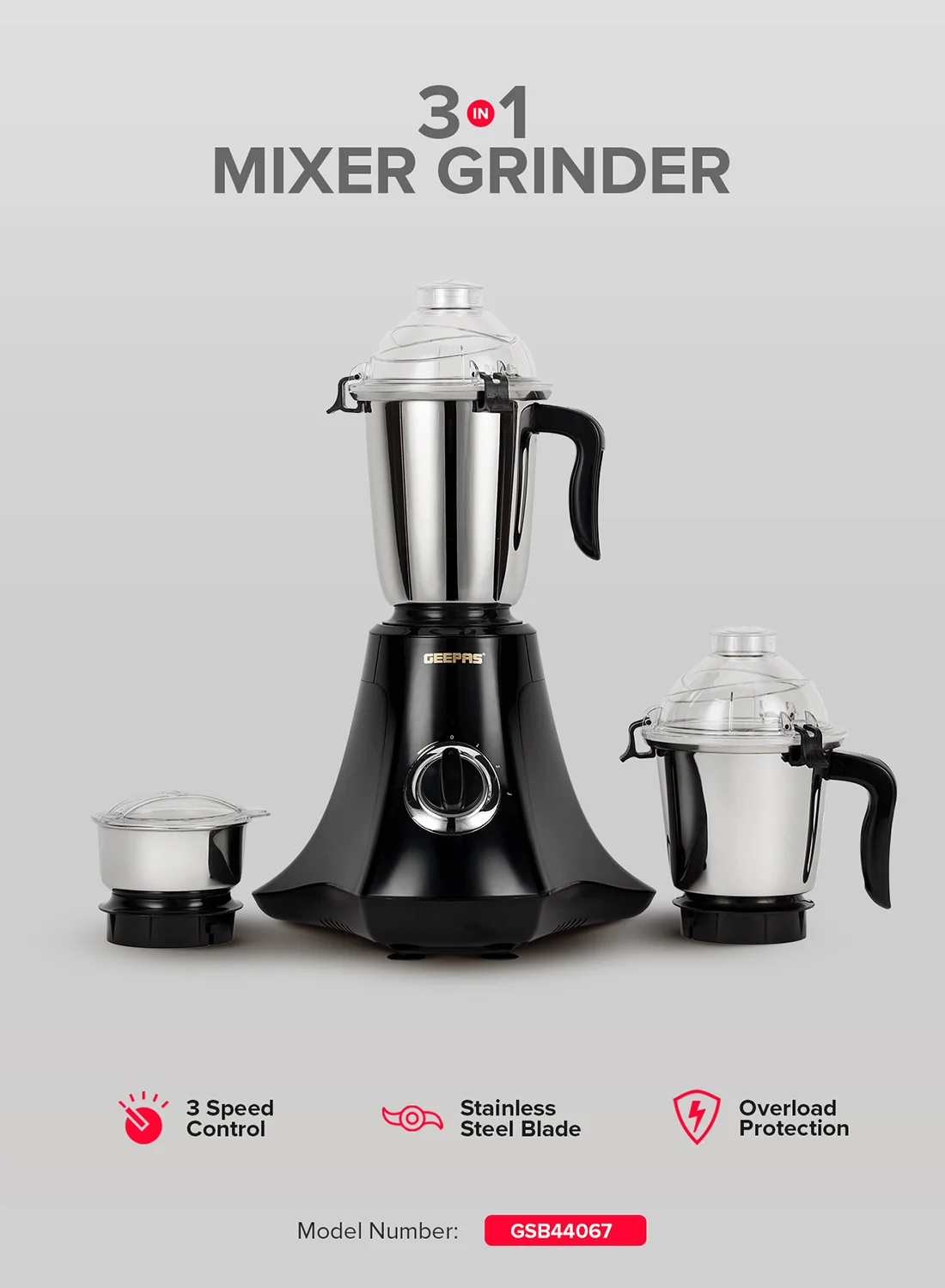 GEEPAS Multifunctional Mixer Grinder with Stainless Steel Jars and 3-Speed Control (White/Purple, 1.5 L) 78nub