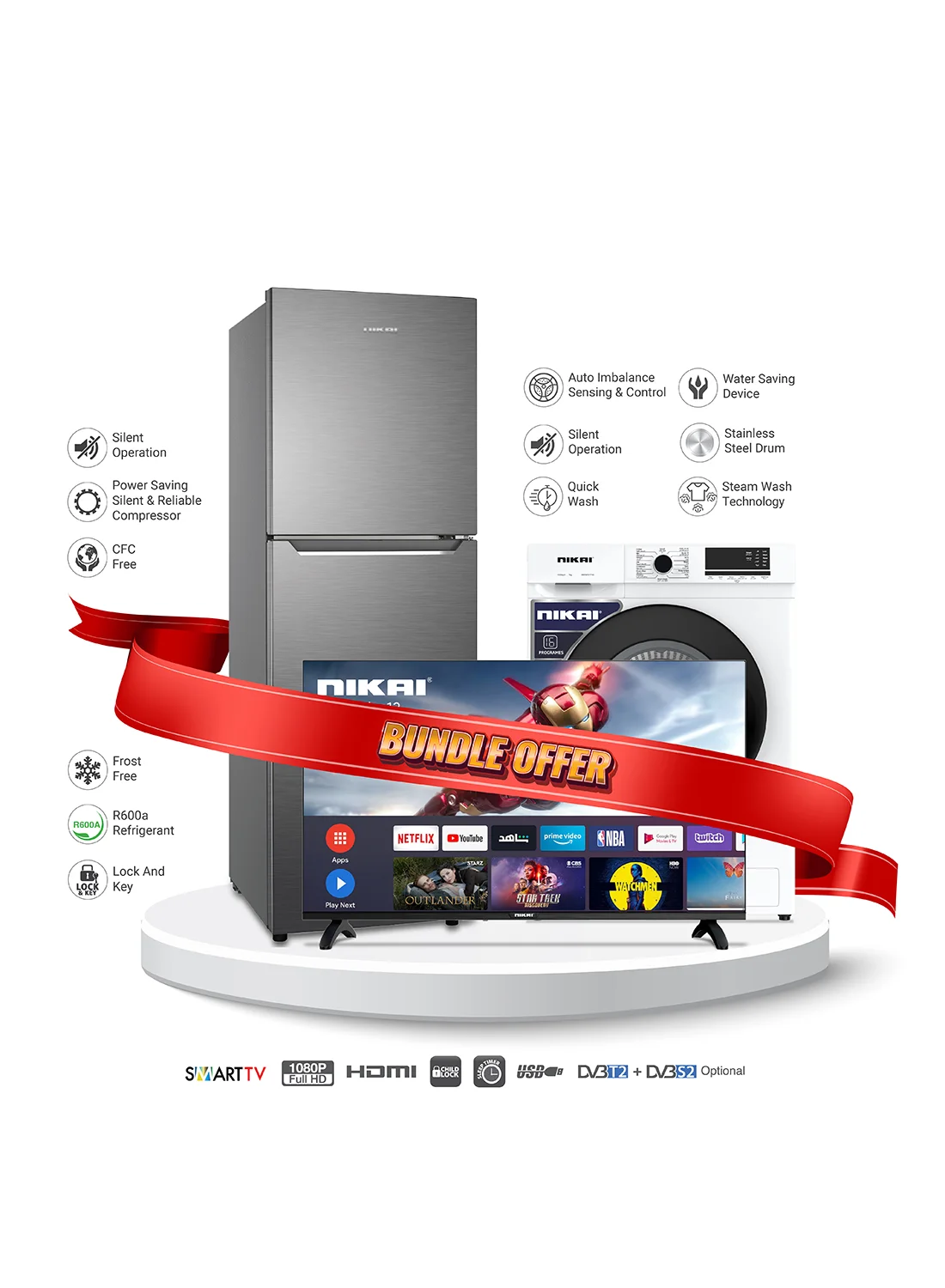 Nikai Home Appliance Bundle: 300L Double Door Refrigerator, 7kg Front Load Washing Machine, and 42 Inch Smart LED TV (Silver) kq87i