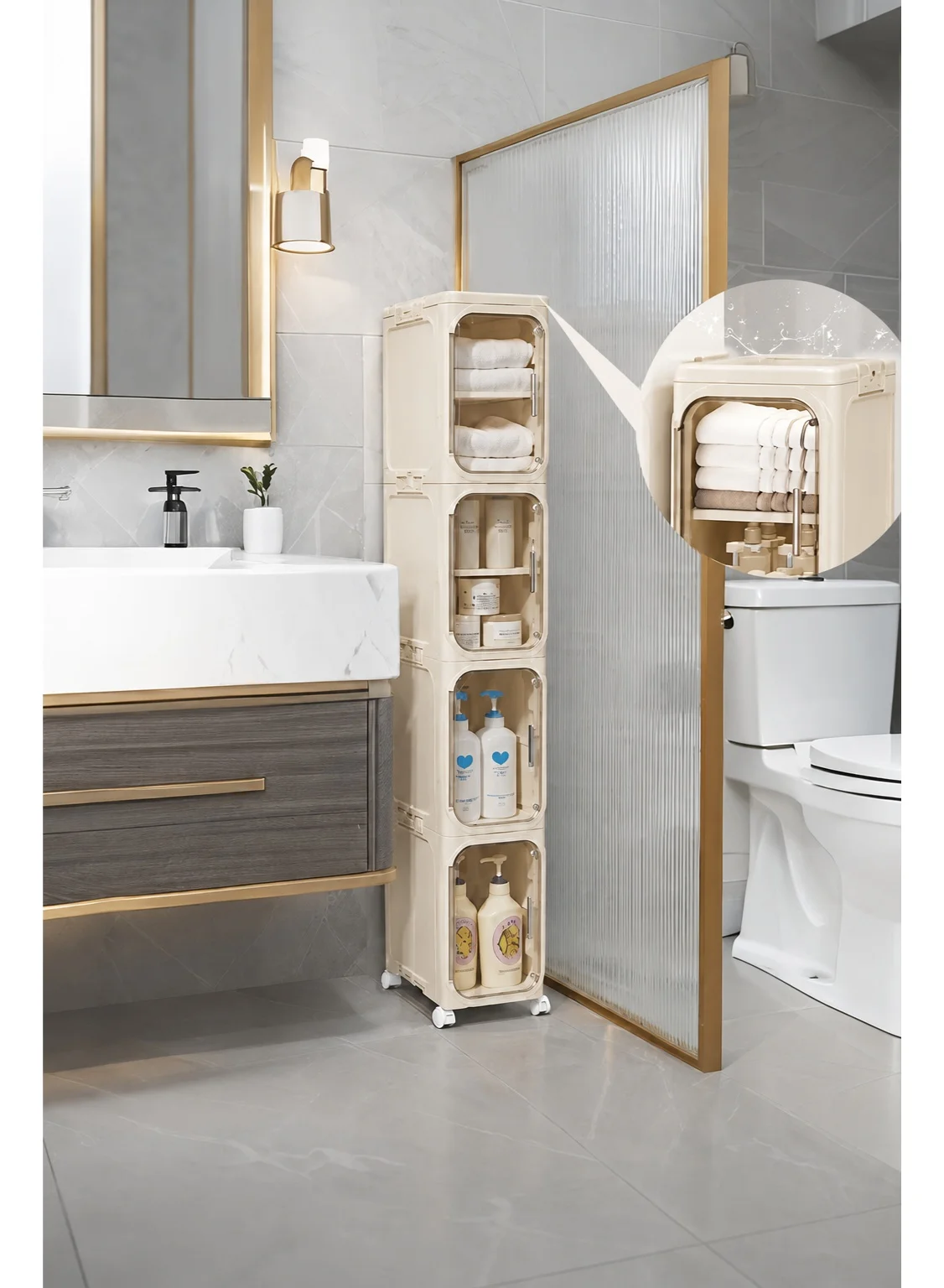 WALALLA 4-Tier Slim Storage Cabinet with Transparent Amber Doors, Foldable Rolling Organizer for Bathroom and Kitchen (Cream White, 33x20x127cm) ki09r