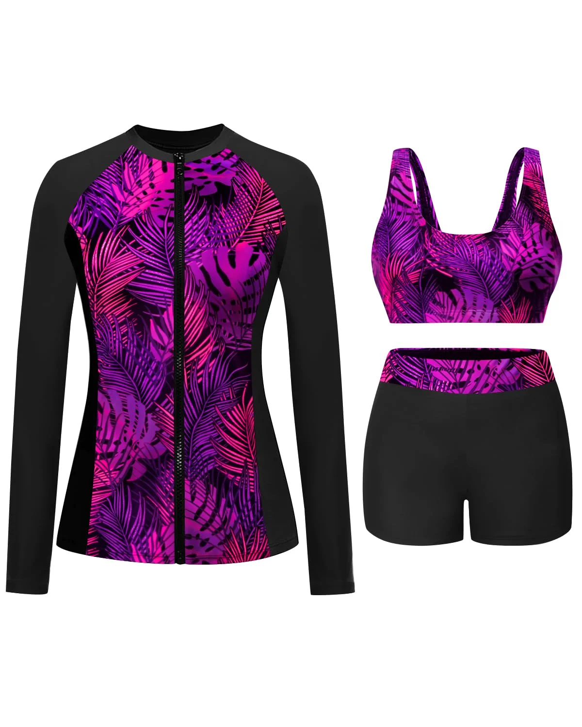 Holipick Women's Long Sleeve Rash Guard Swimsuit Set (Black, M) - 3-Piece Floral Print Swim Shirt with Shorts and Built-in Bra gojom