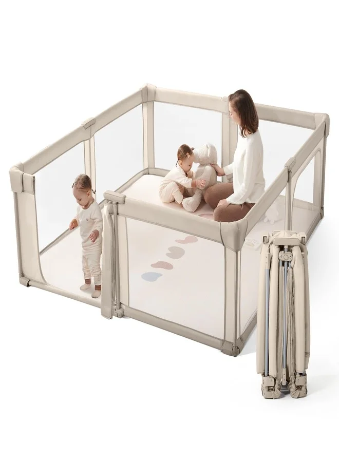 Cosola Portable Baby Playpen Foldable Play Yard for Toddlers (Light Khaki, 180x200 cm) 7uhx5