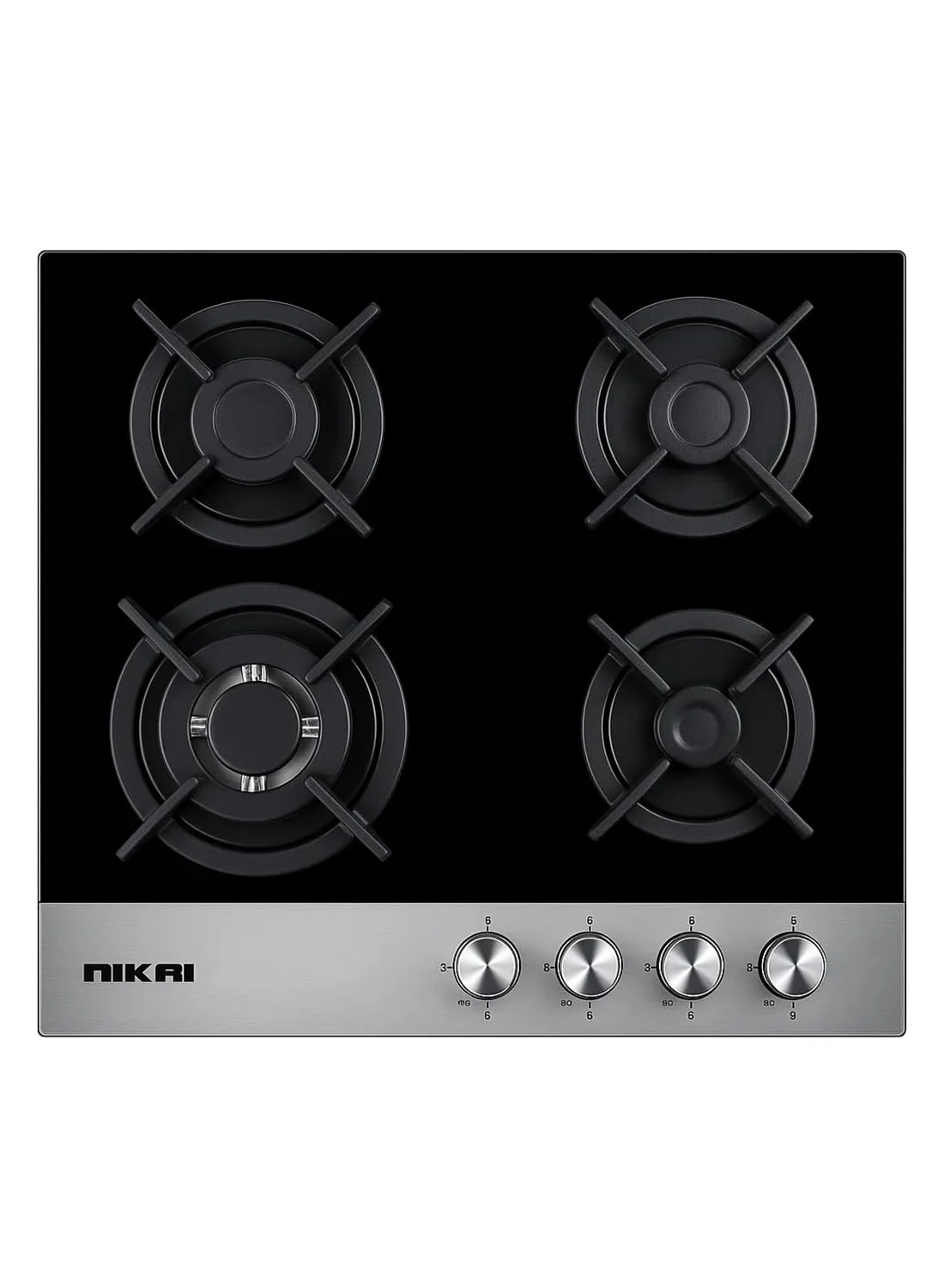 NIKAI 4 Burner Gas Hob Stove with Cast Iron Pan Stand and Tempered Glass Worktop (Black, 60 cm) hkngc