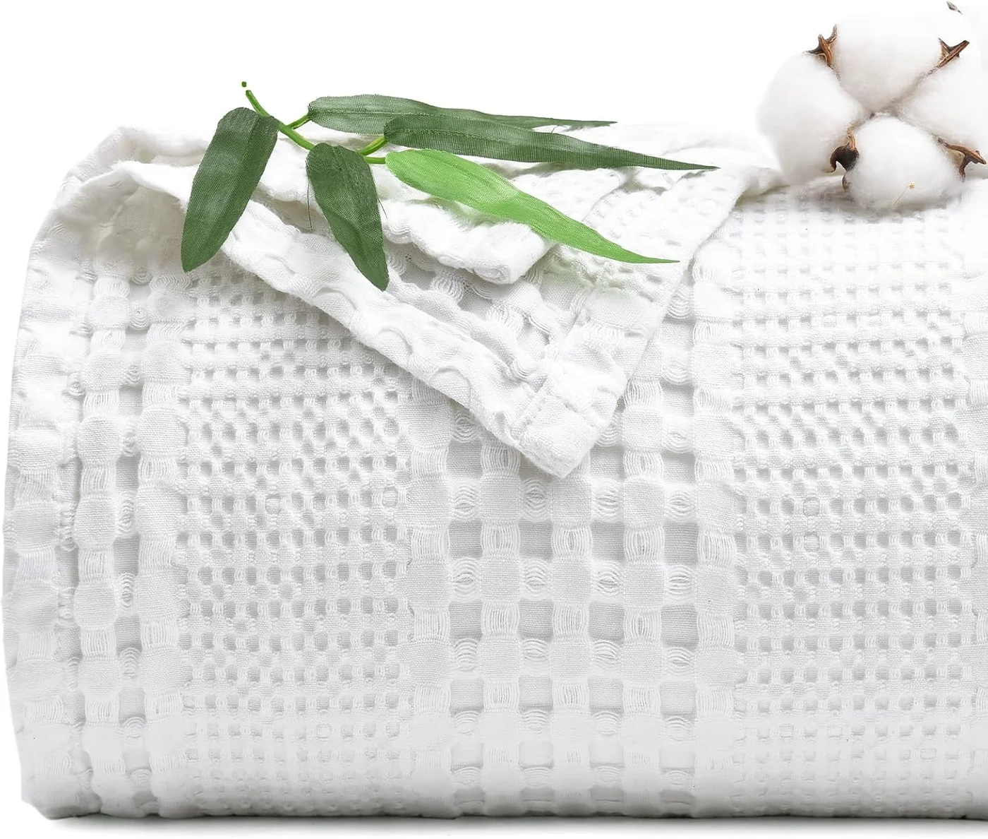 PHF Bamboo Cotton Waffle Blanket Premium Breathable Lightweight Bedding for Couch and Bed (White, 228 cm x 228 cm) itdq1
