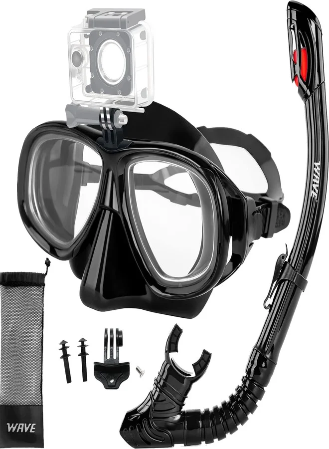 WAVE Prescription Snorkel Mask and Dry Snorkel Set with Camera Mount for Scuba Diving and Snorkeling (Adult, One Size) 4a84l