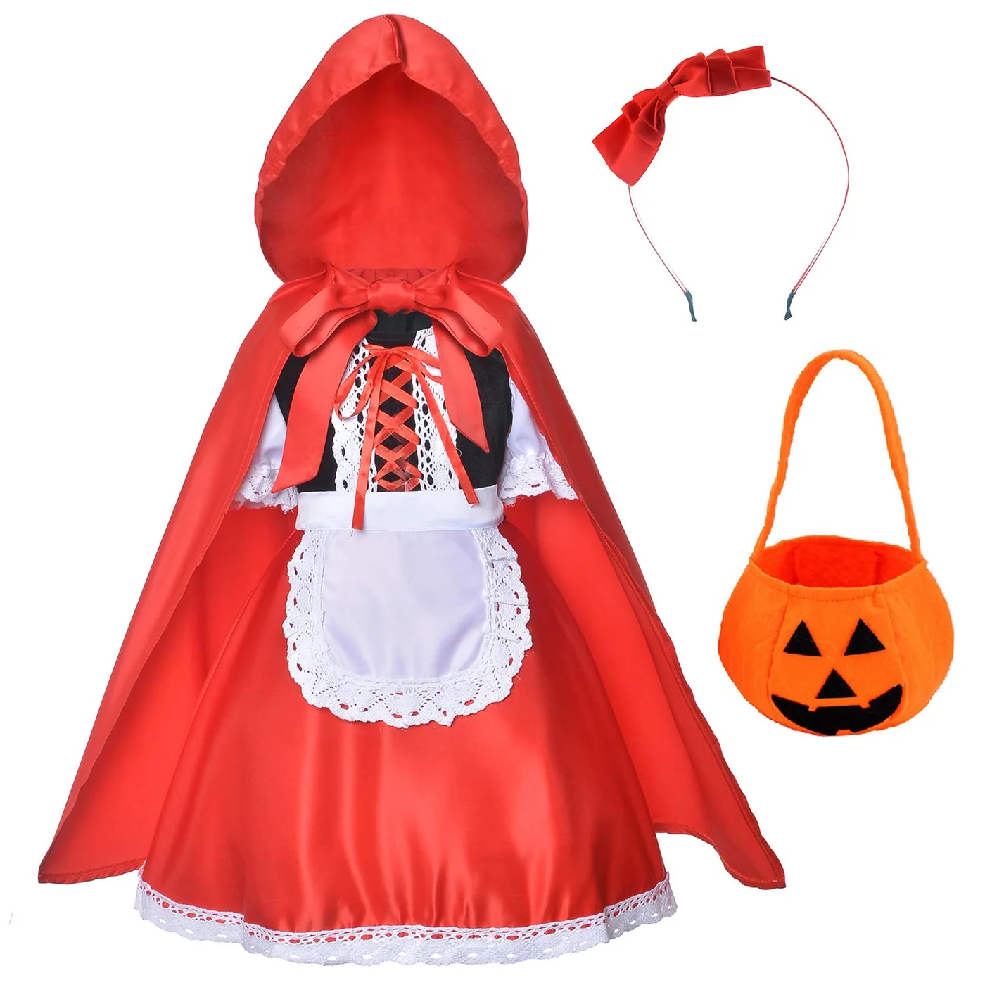 Joy Join Little Red Riding Hood Cosplay Costume Set for Girls with Cloak Headband and Bag (Red, 150cm) mcntd