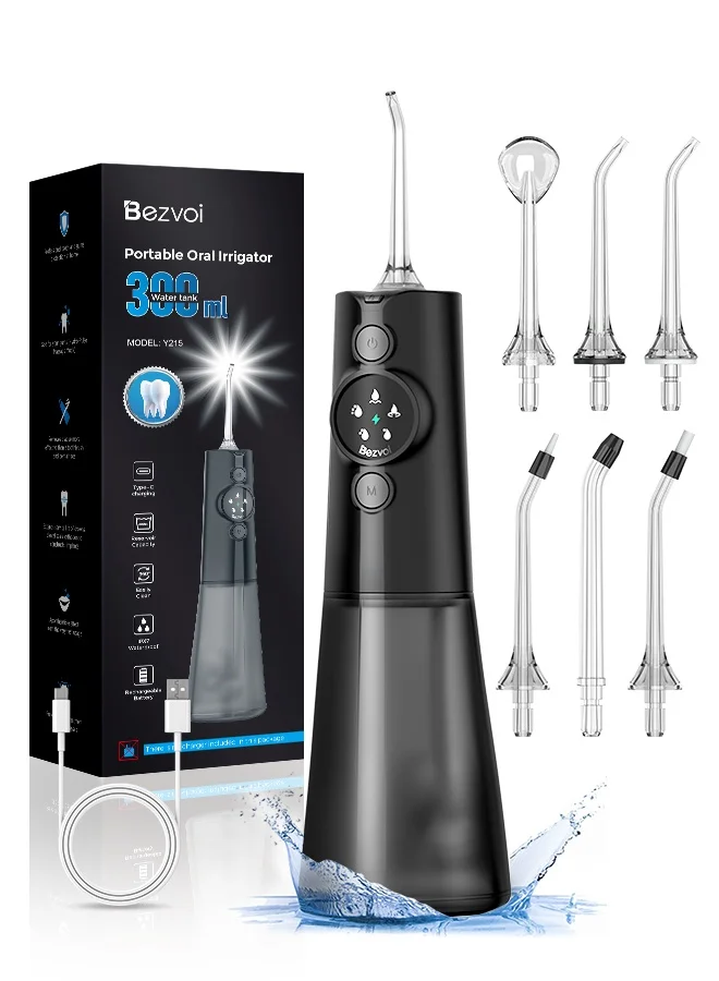Bezvoi Cordless Water Dental Flosser, Portable Oral Irrigator with LED Display, 5 Modes, 300mL Tank, 6 Jet Tips (Black) tc552