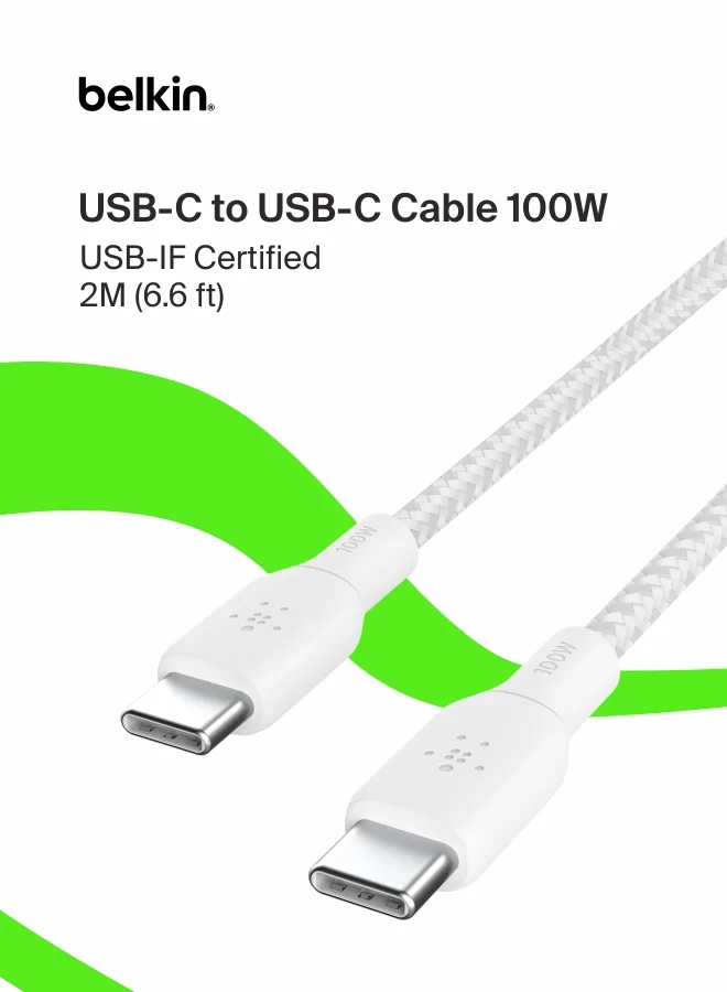 Premium USB-C to USB-C Fast Charging Cable 100W Power Delivery Braided Nylon Cord (White, 2 m) idlf9