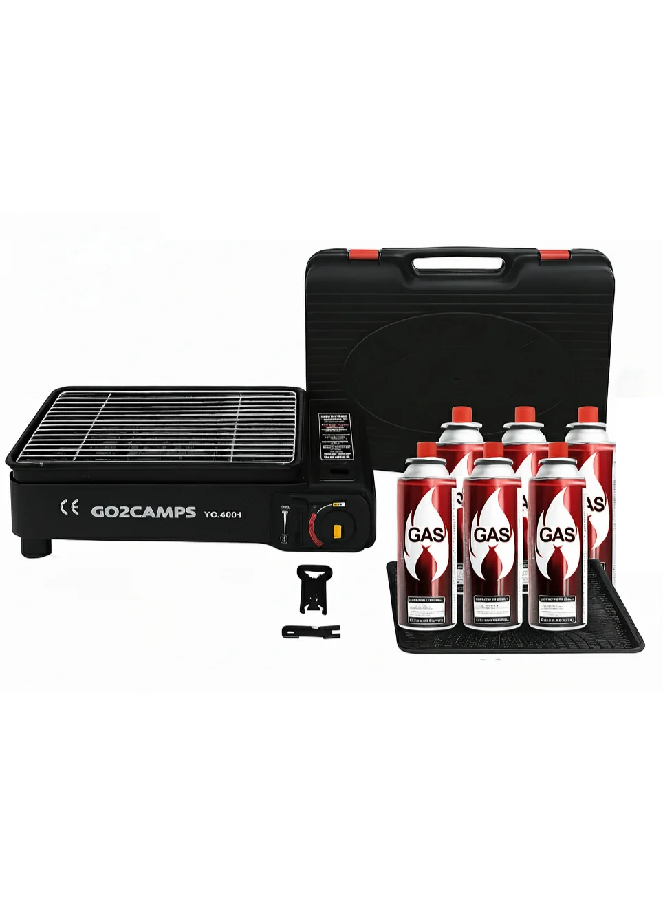 GO2CAMPS Portable Butane Gas BBQ Grill and Griddle Camping Stove Set with 6 Cartridges and Carry Case (Black, 1 Set) ayp7w