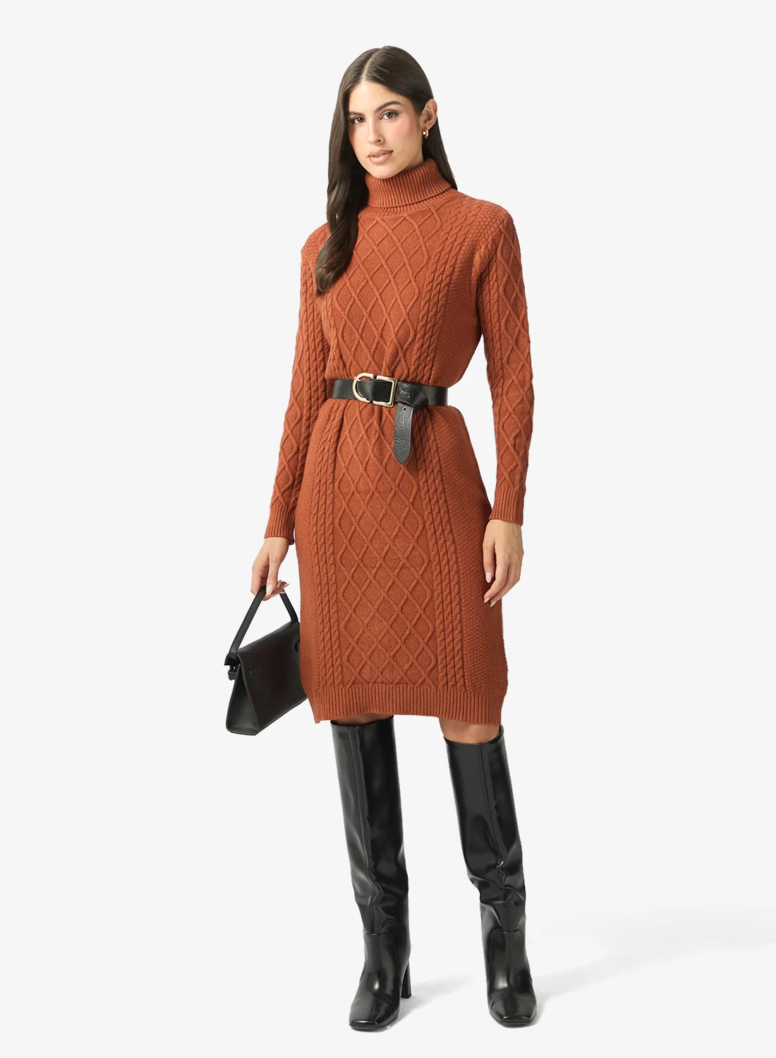 ELLA Cable Knit Sweater Dress Premium Long Sleeve Winter Casual Dress for Women (One Size) tut43