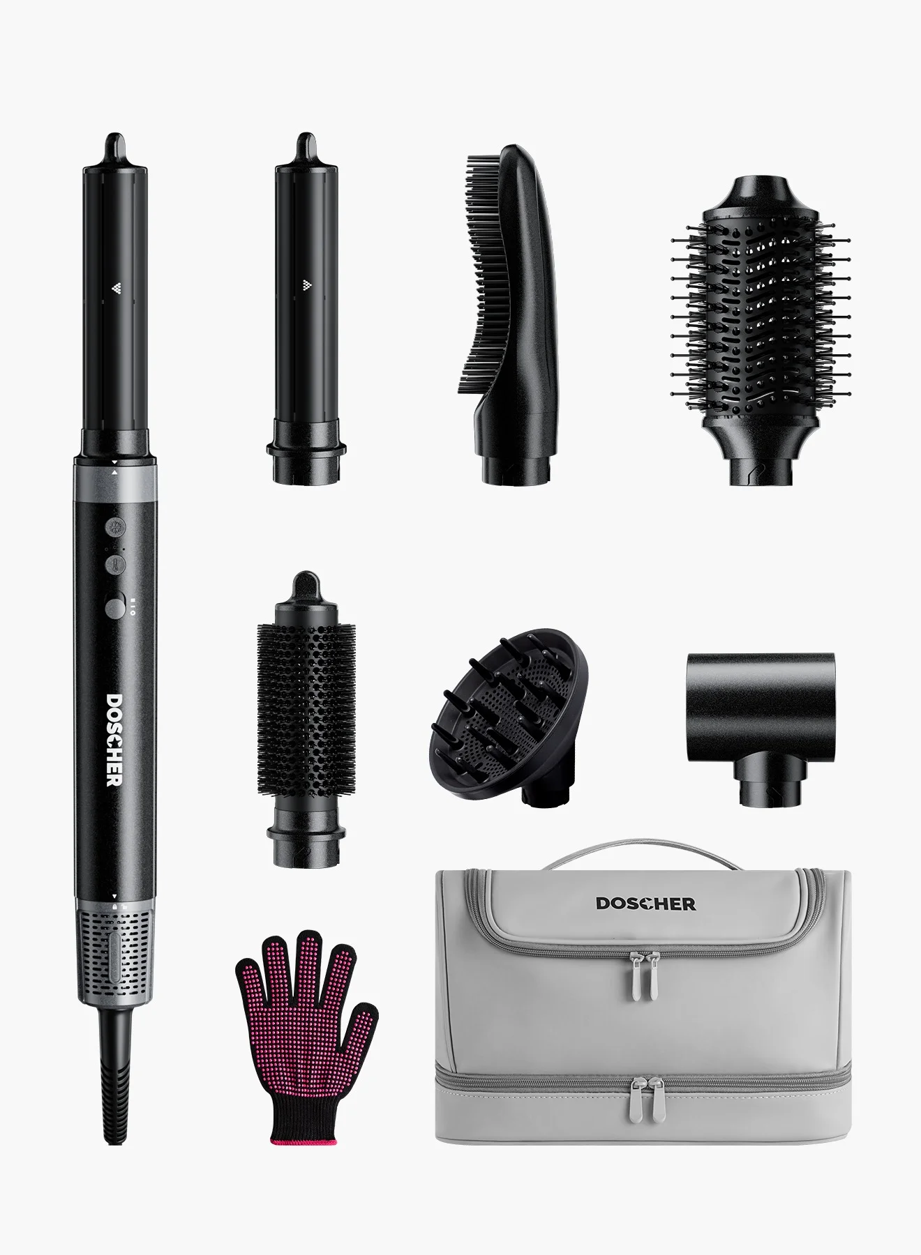 DOSCHER 1400W Professional 7-in-1 Hair Dryer and Styler Set with Hot Air Brush and Curling Wand for Salon-Quality Styling (Black, 1 Set) x663e
