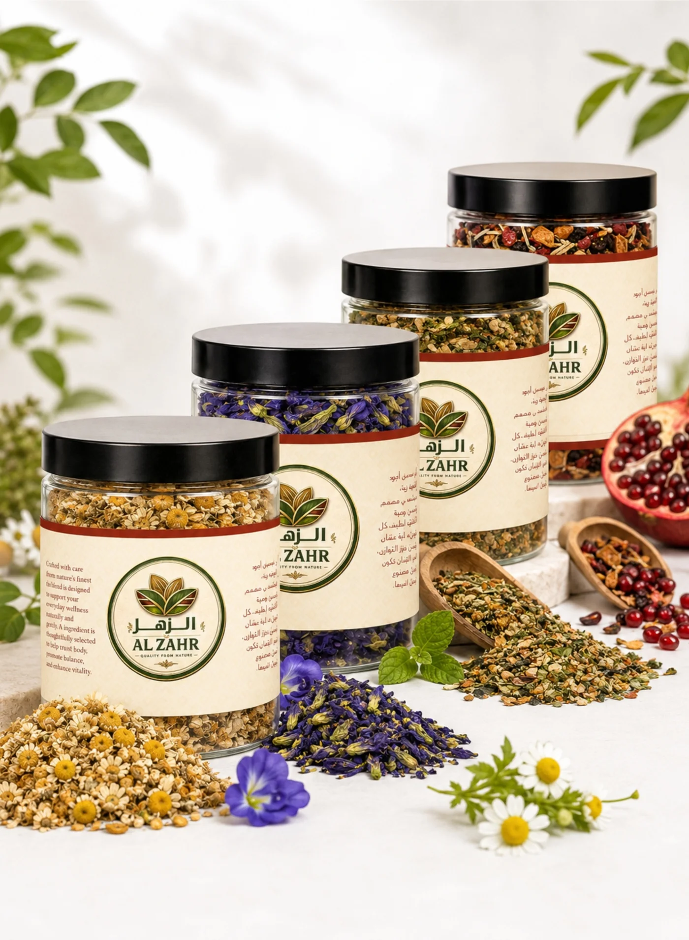 AL ZAHR Premium Herbal Tea Collection (Chamomile, Butterfly Pea, Ceylon, Pomegranate Blend) 200g 9wswj