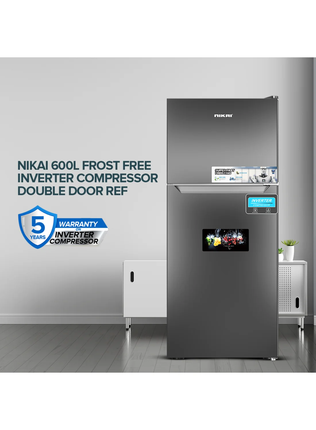 Nikai Double Door Top Mount Refrigerator with Inverter Compressor, Frost-Free Energy Efficient Fridge for Home and Kitchen (Grey, 413L Net Capacity) wafud