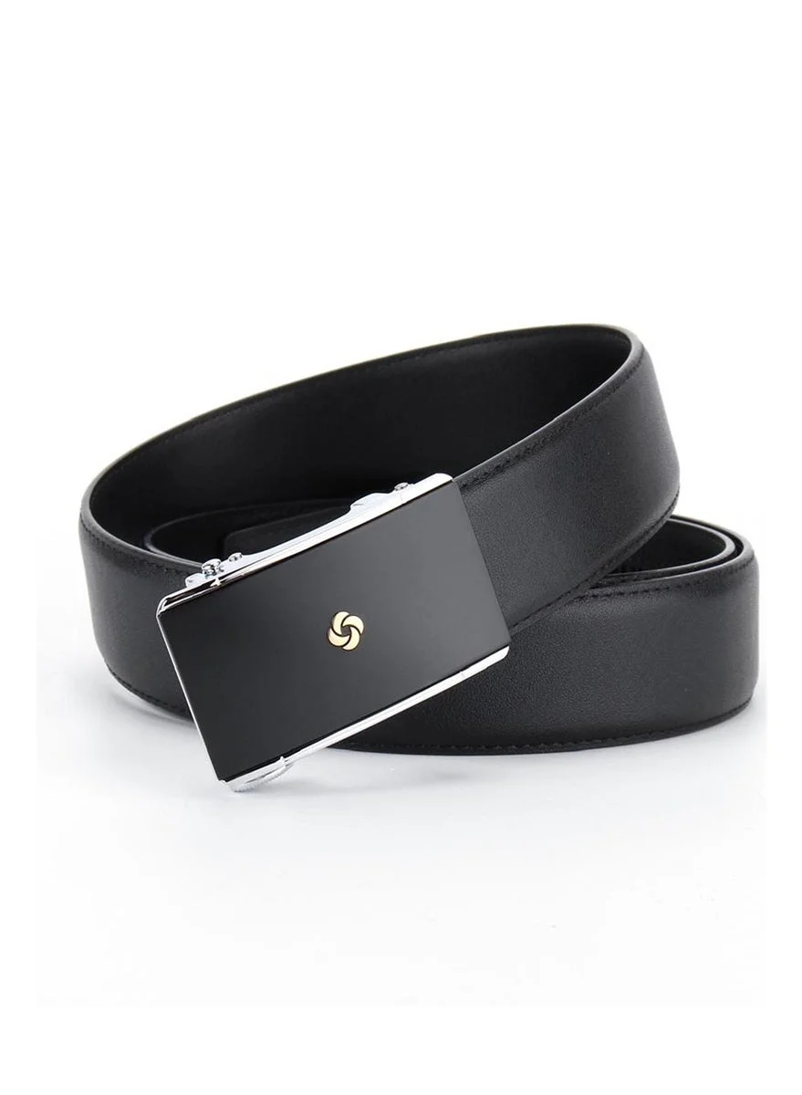 Premium Automatic Buckle Leather Belt with Sleek Golden Logo (Black, 120 cm) 3zhbg