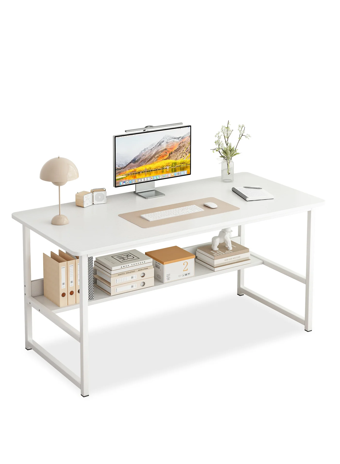 SHEIDLIN Ergonomic Computer Desk with Integrated Bookshelf Modern Writing Table for Home Office and Gaming (White, 120x55x73cm) i13a1