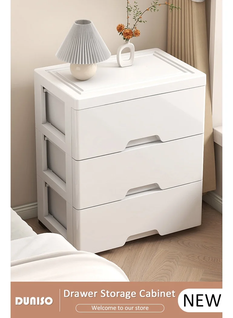 DUNISO 3-Layer Storage Cabinet with Wheels, Space-Saving Plastic Drawer Tower for Home Organization (White) nitgn