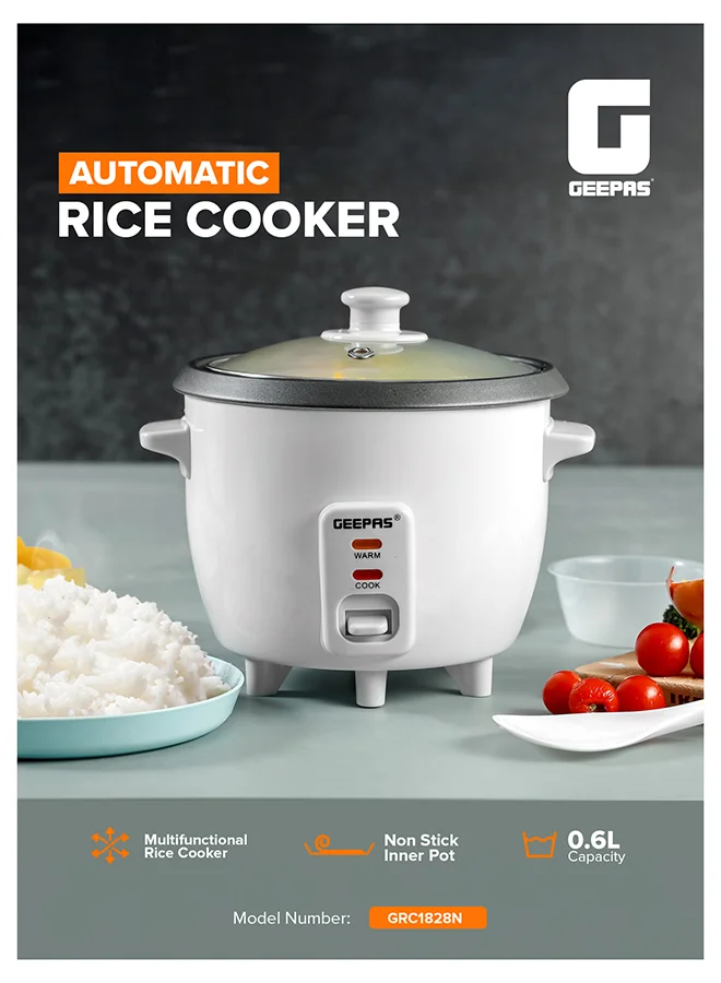GEEPAS Compact Rice Cooker with Non-Stick Pot (White, 0.6 L) - Automatic One-Touch Operation for Healthy Steaming 3obqj