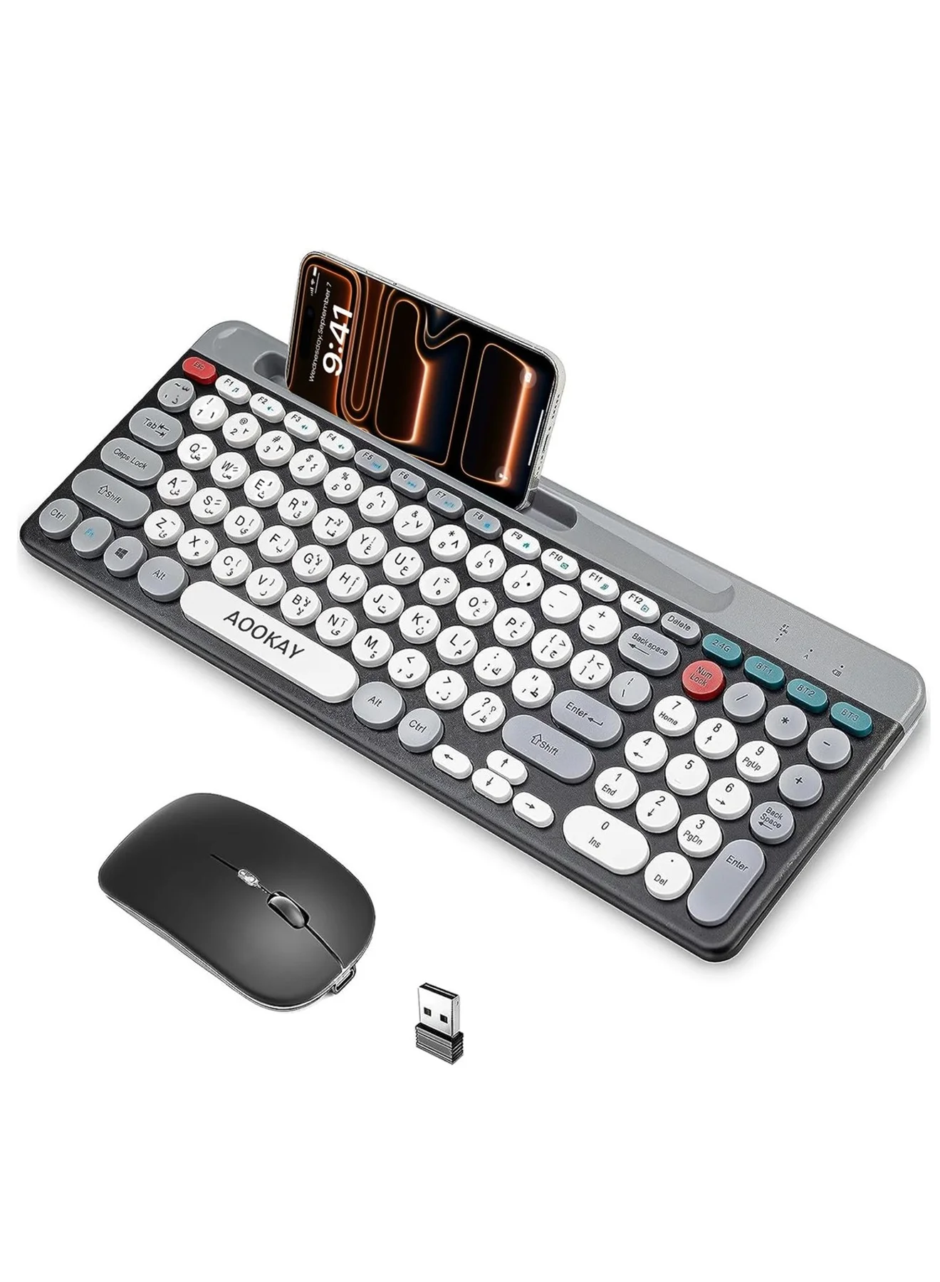 Aookay Wireless Keyboard and Mouse Combo Arabic & English Layout Multi-Device Bluetooth 2.4G Full-Sized with Phone Tablet Holder (Black) x6kcd
