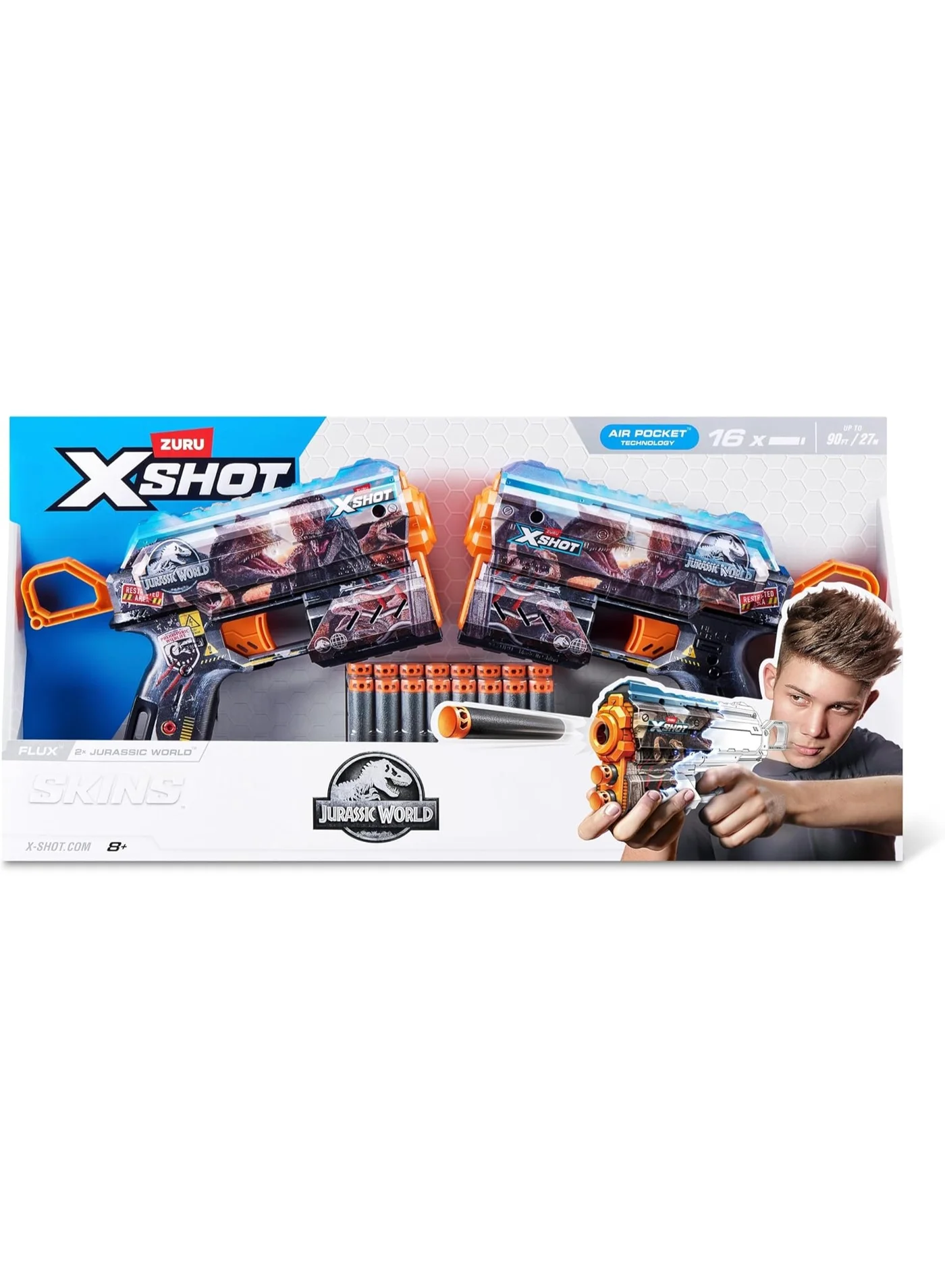 Jurassic Flux Dart Blaster Combo Set with Dinosaur Skins and 16 Foam Darts (2 Pack, 27m Range) hyani