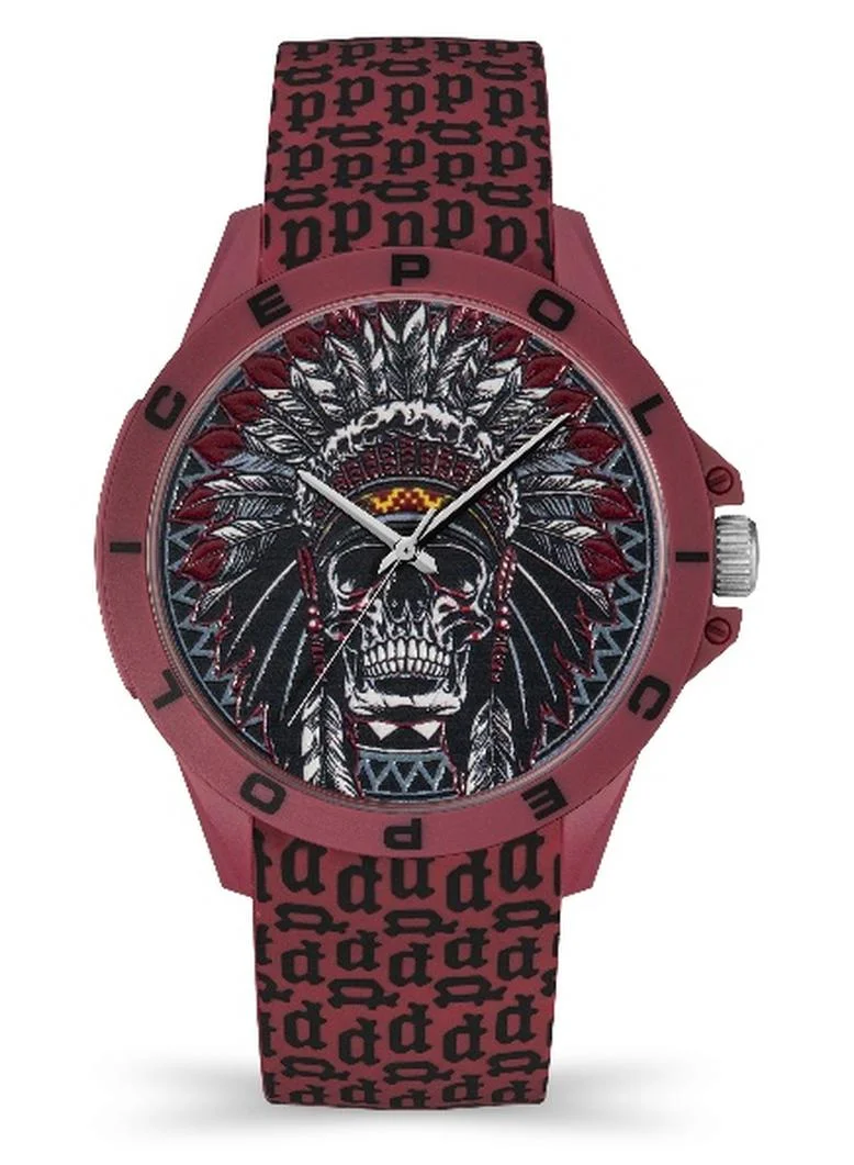 POLICE Sketch Analog Watch with Red Dial and Silicone Strap (40.7mm, Unisex) sf0u1