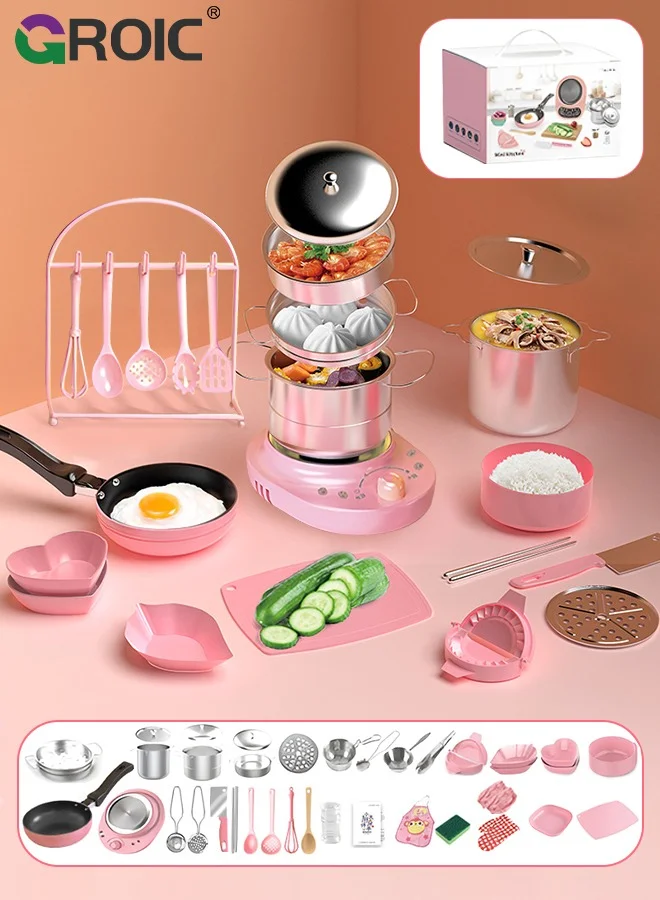 GROIC Montessori Kids Cooking Set, Educational Kitchen Utensils and Apron for Real Food Preparation (Pink, 35-Piece Set) lz1tl
