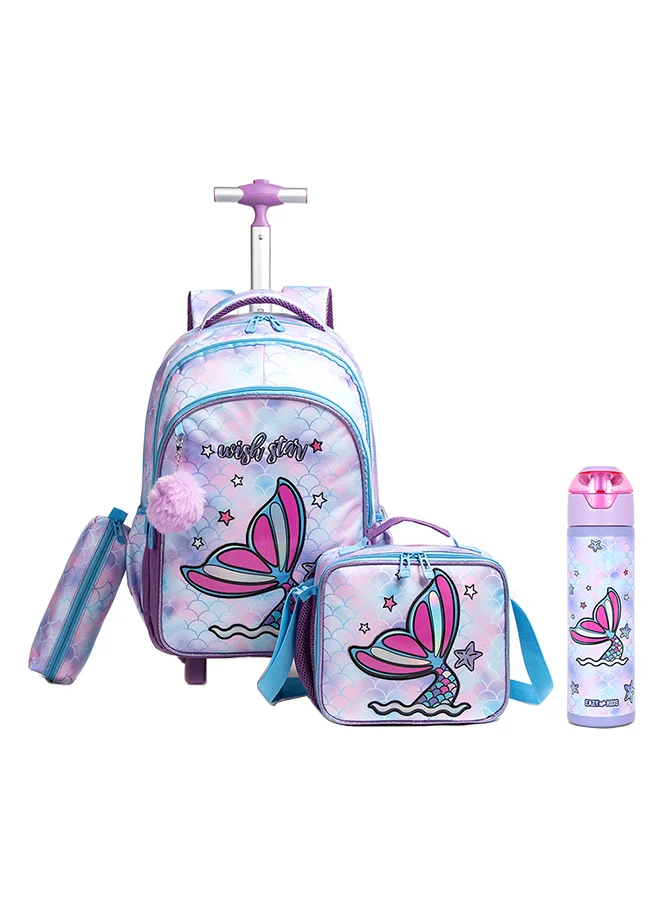 Eazy Kids 18 Inch Trolley School Bag Set with Stainless Steel Water Bottle 640 mL, Lunch Bag and Pencil Case (Mermaid Purple, 4-Piece) jiypz