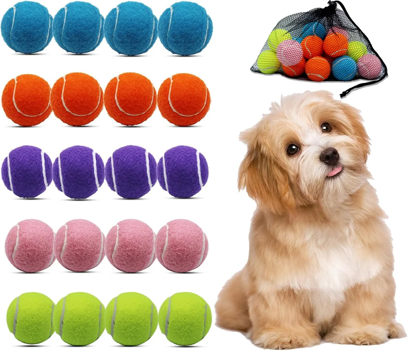 Magicorange Small Tennis Balls for Dogs, Durable Interactive Pet Fetch Toys with Mesh Carry Bag (Multicolor, 20 Pack, 5 cm) uv1rj