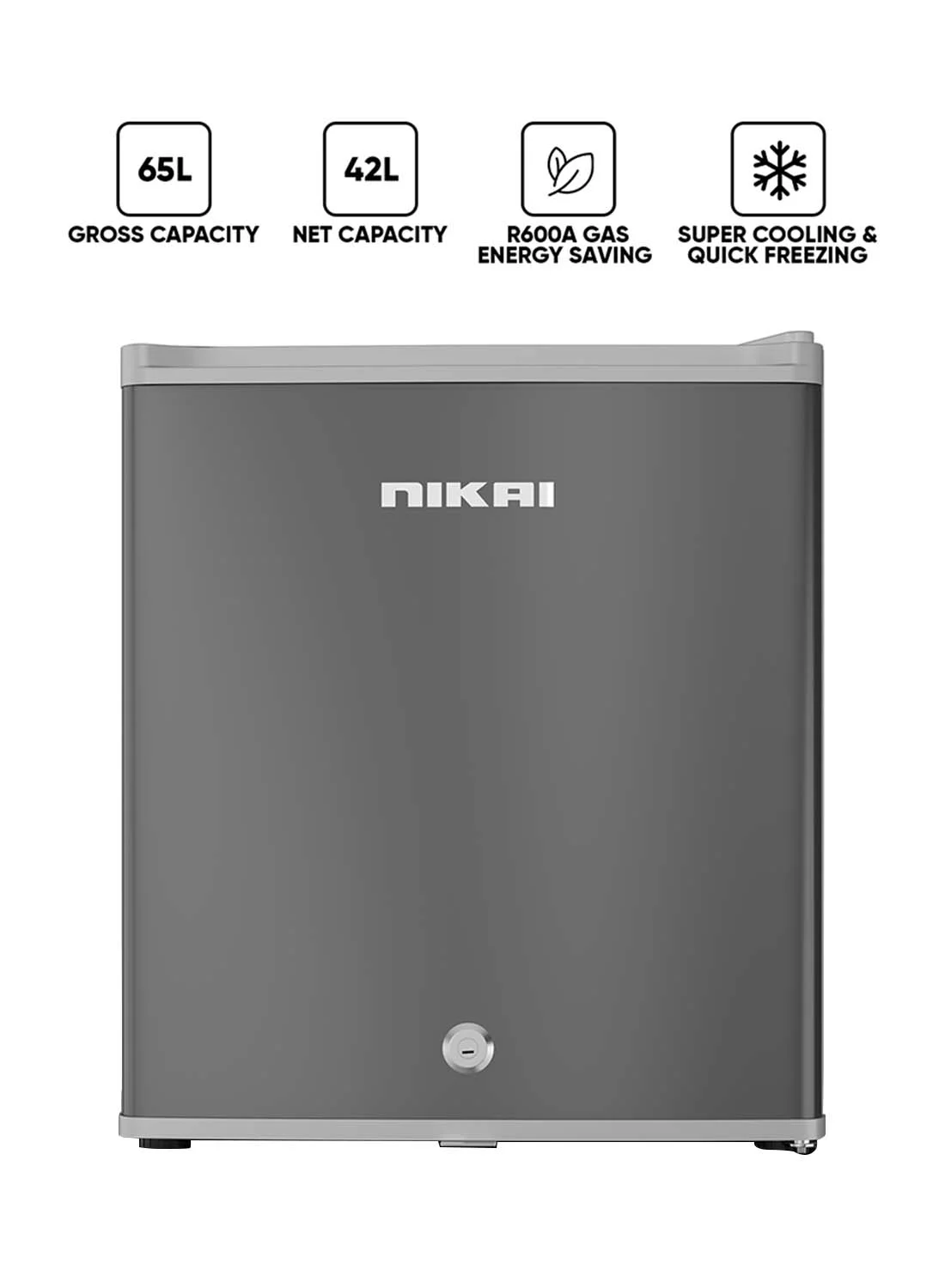 NIKAI Compact Single Door Mini Refrigerator, Portable Small Fridge with Toughened Glass Shelves for Home and Office (Silver, 42L) 223ge