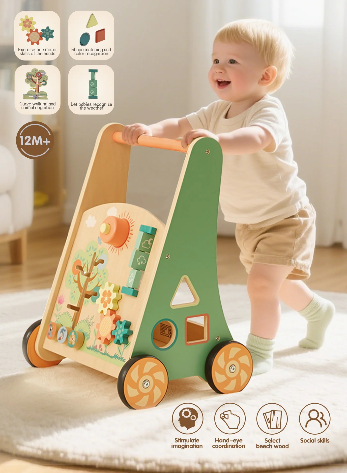 OASIAURA 5-in-1 Wooden Baby Walker Activity Center with Shape Sorter and Storage Basket (Green, 35x30x50 cm) 0ggfe